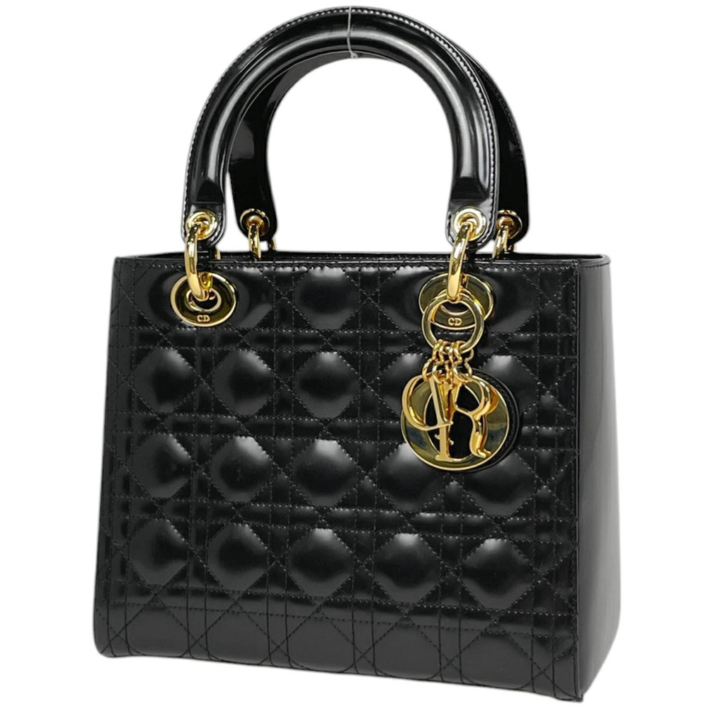 Christian Dior Lady Cannage Handbag Leather Black